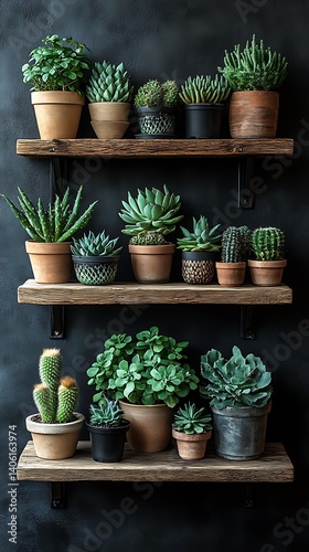 Obraz na płótnie Assorted Potted Plants on Rustic Wooden Shelves Against a Dark Textured Wall, Indoor Gardening and Home Decor Concept. w salonie