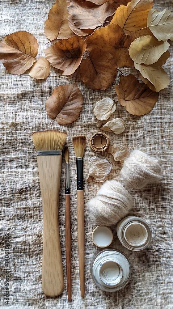 Autumnal Composition: Brushes, Paint, Dried Leaves, and Petals Arranged Artistically on Textured Fabric, Evoking a Sense of Creative Still Life.