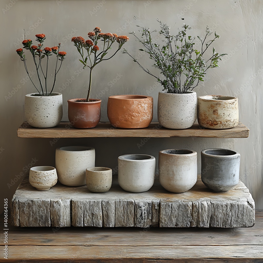 Assortment of Potted Plants and Decorative Vessels Displayed on Rustic Wooden Shelves Against a Neutral Wall Backdrop.
