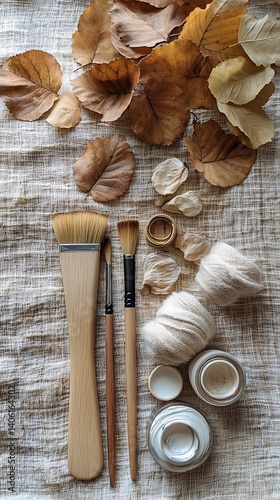 Obraz na płótnie Autumnal Composition: Brushes, Paint, Dried Leaves, and Petals Arranged Artistically on Textured Fabric, Evoking a Sense of Creative Still Life. w salonie