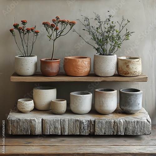 Assortment of Potted Plants and Decorative Vessels Displayed on Rustic Wooden Shelves Against a Neutral Wall Backdrop.
