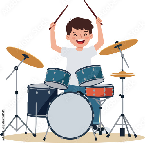Happy boy playing drums with excitement in flat vector illustration style