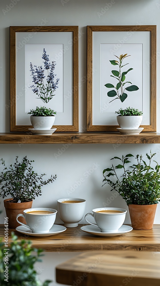 Botanical Artwork with Potted Plants and Warm Beverages on Wooden Shelves, Simple Home Decor Inspiration
