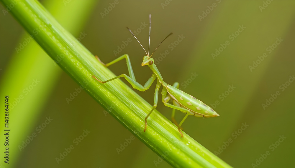 Green Mantis On Grass Stem Green Mantis On Grass Stem