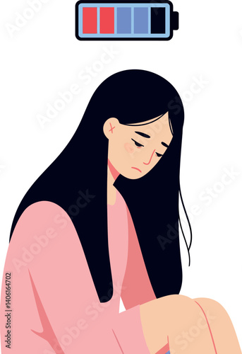 Young woman sitting with a low battery icon above her head in flat vector art