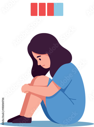 A girl sitting with her knees drawn up in a blue dress, minimal vector illustration reflecting emotional introspection