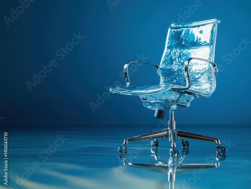 Office chair made of water with reflective lighting and negative space on right