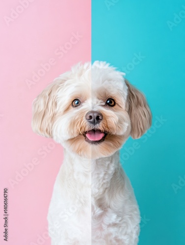 Transformed dog shows playful before and after grooming contrast with clean and messy fur on vibrant split-screen background photo