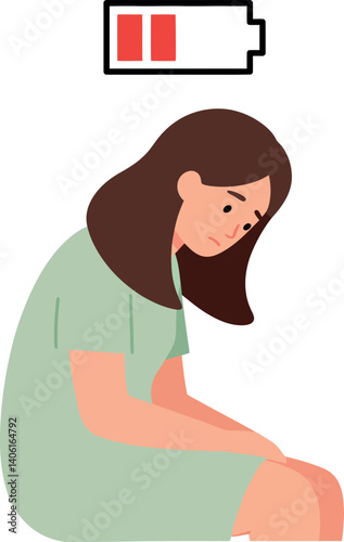 A tired woman sitting with a low battery icon above her head in minimal vector art