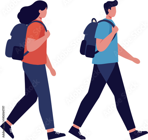 Two young adults walking side by side in a flat, minimal vector illustration