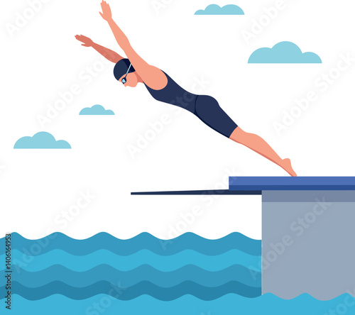 A swimmer diving off a platform into blue waves in a flat vector illustration