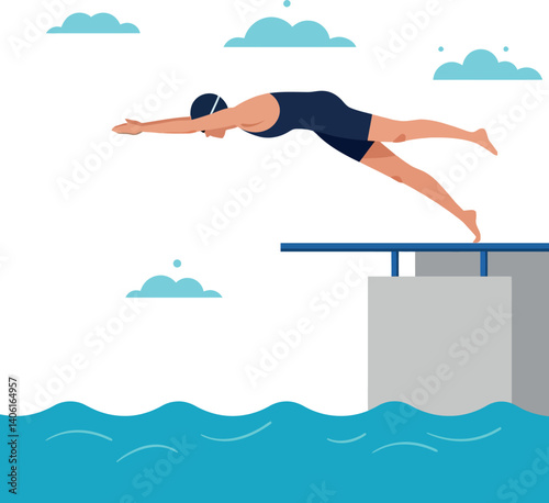 Diver in athletic swimwear performing a dive from a platform into calm water flat vector illustration