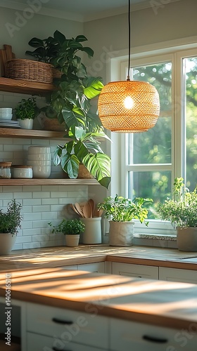 Bright, Airy Kitchen Interior Featuring Natural Light, Plants, Wooden Shelves, Wicker Light Fixture and Clean Countertops in a Peaceful Ambiance.