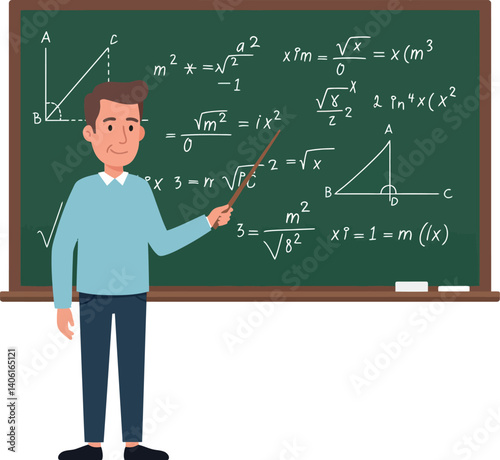 Male teacher pointing at math equations on a chalkboard in flat vector art
