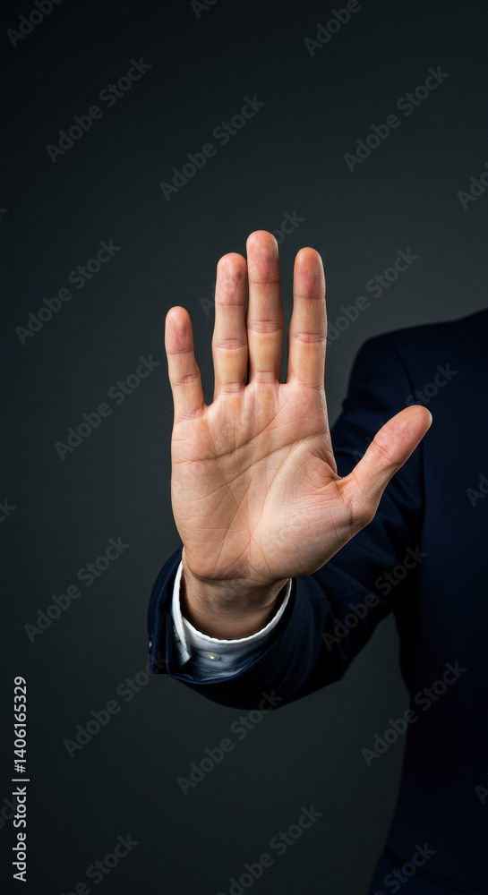 Stop! Hand Gesture in Business Suit | Rejection, Denial, Authority | High-Quality Image for Visual Communication Stop! Hand Gesture in Business Suit | Rejection, Denial, Authority | High-Quality Image for Visual Communication