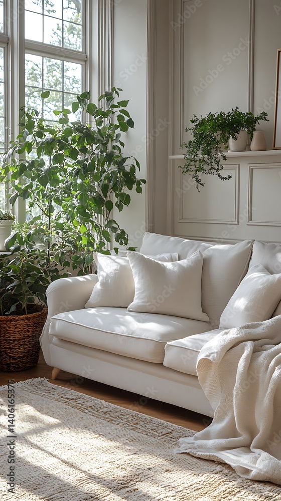 Bright and Airy Living Room with Cream Sofa, Pillows, Blanket, Green Plants, Wicker Basket, and Rug Bathed in Natural Sunlight.