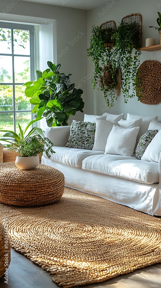 Bright home living space with indoor plants, white sofa, and woven textures showcasing natural light.