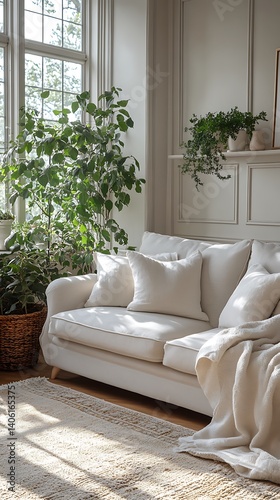 Bright and Airy Living Room with Cream Sofa, Pillows, Blanket, Green Plants, Wicker Basket, and Rug Bathed in Natural Sunlight.