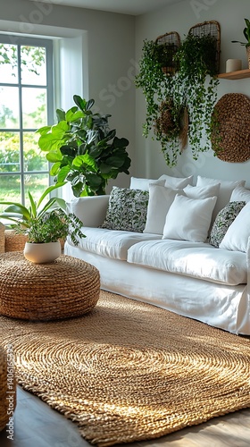 Obraz na płótnie Bright home living space with indoor plants, white sofa, and woven textures showcasing natural light. w salonie
