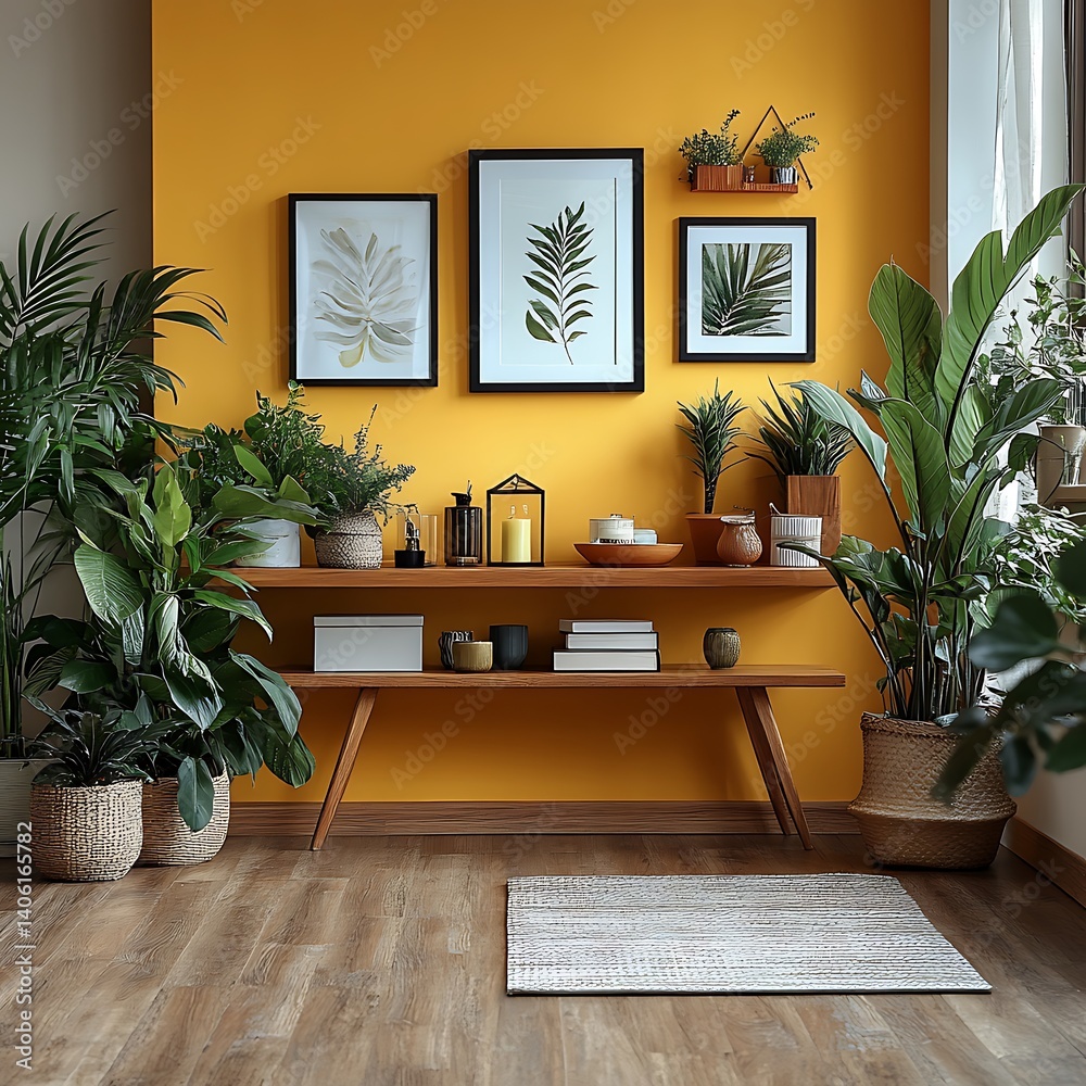 Bright Interior with Wooden Shelf, Framed Botanical Art, and Lush Potted Plants Creating a Natural Ambiance.