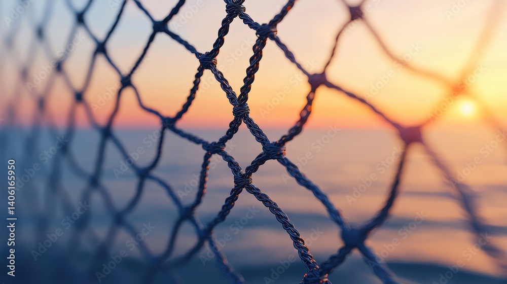 Close-up of a fishing net against a vibrant sunset over the ocean, capturing the fine details of the fibers and the serene water below, highlighting the tranquility and beauty of nature Close-up of a fishing net against a vibrant sunset over the ocean, capturing the fine details of the fibers and the serene water below, highlighting the tranquility and beauty of nature