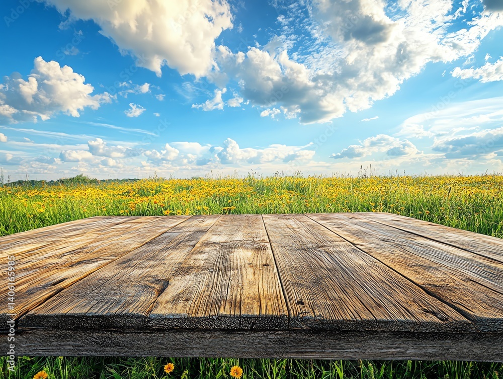 Fototapeta premium A rustic wooden table sits in a vibrant field of yellow wildflowers under a bright sunny sky Perfect for showcasing products or creating a summery mood