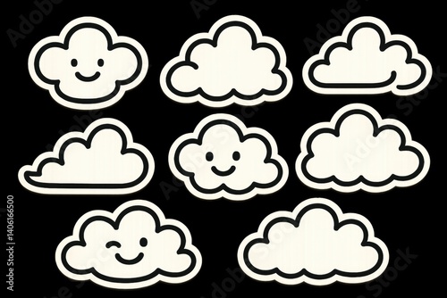 Cute cloud stickers with happy faces on a black background  
