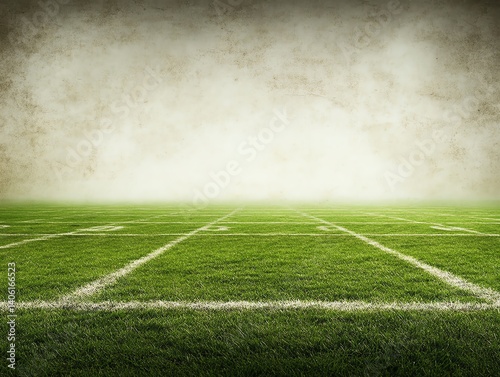 Vintagestyle photo of green football field with faded lines and rustic vibe