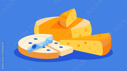 A delectable spread of velvety creamy brie and tangy blue cheese paired perfectly with slices of crisp baguette.. Vector illustration