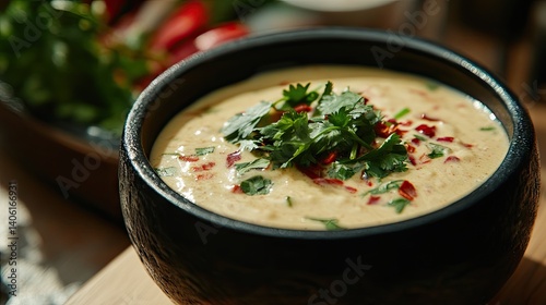 Dipping sauce in focus with blurred background of ingredients like chili and coriander