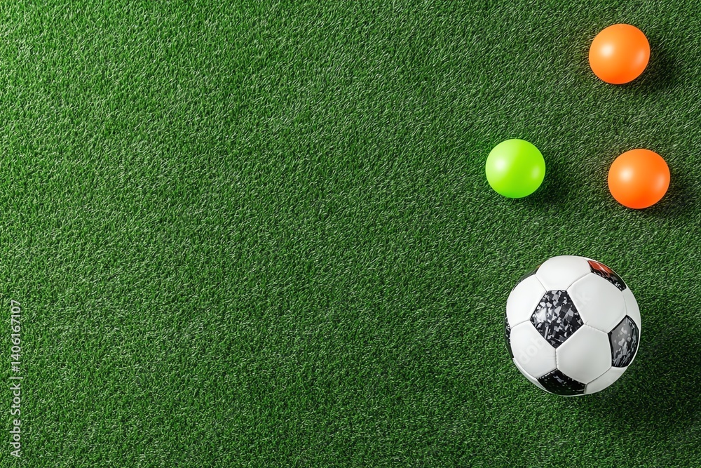 Naklejka premium Soccer field top view with training cones and equipment, coaching and preparation scene
