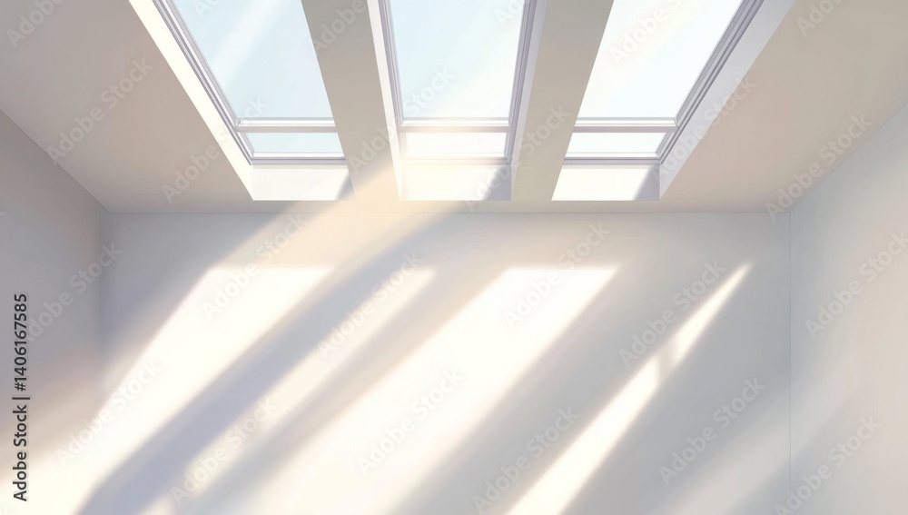 Fototapeta premium Skylights illuminate empty room, sunlight streams, interior design