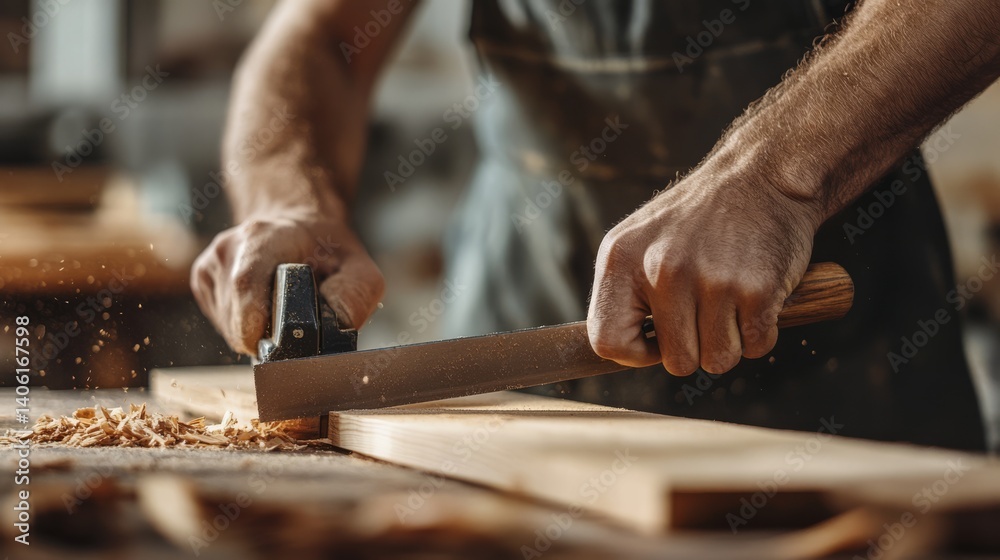 Carpenter cutting wood for furniture in a workshop. Featuring woodworking craftsmanship Carpenter cutting wood for furniture in a workshop. Featuring woodworking craftsmanship