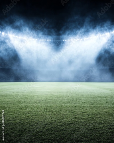Epic night view of international soccer stadium, spotlight beams and fan energy
