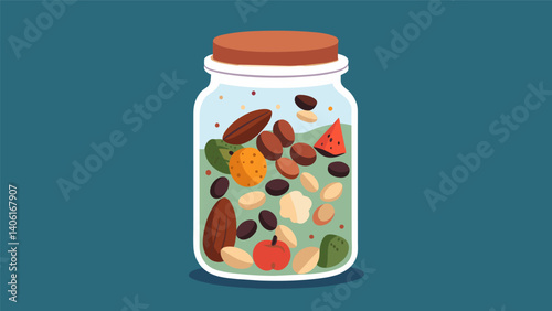 A jar of homemade trail mix featuring a mix of nuts dried fruits and chocolate chips.. Vector illustration
