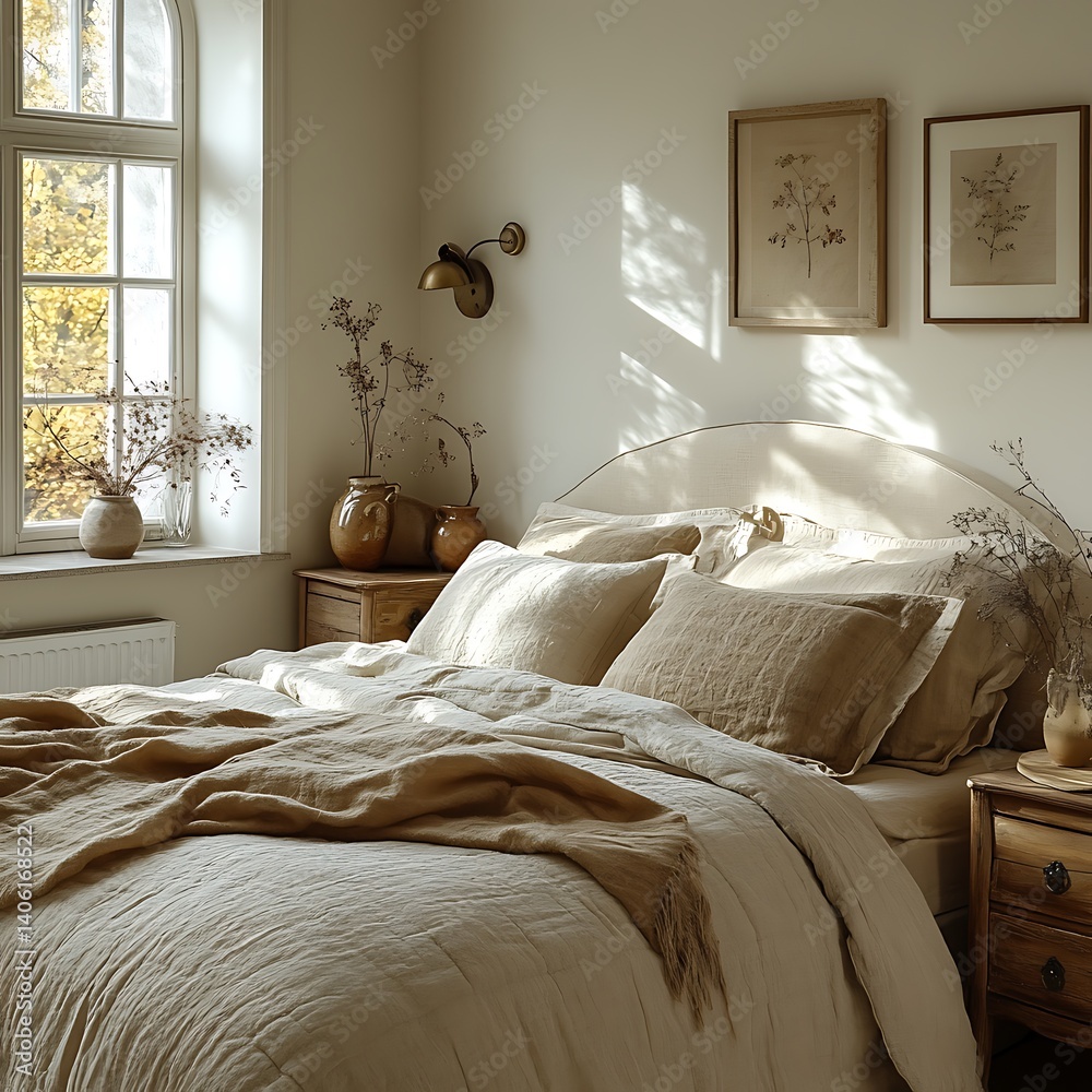 Calming Bedroom Interior with Sunlight, Bedding, Art and Rustic Accents Creating a Relaxing and Peaceful Retreat Space.