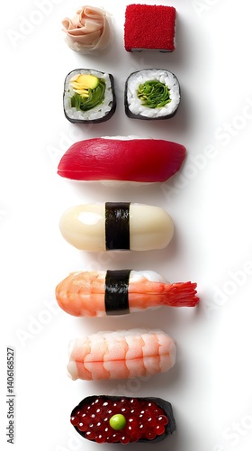Assorted sushi pieces beautifully arranged in a vertical line on clean white background, showcasing variety of Japanese cuisine and seafood delicacies

