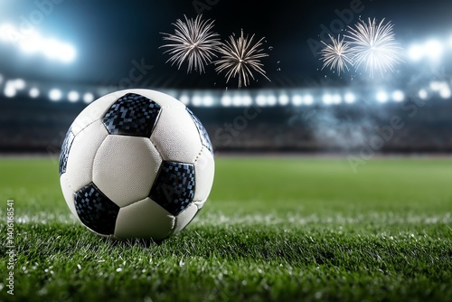 Nighttime match kickoff with fireworks in sky above soccer stadium, celebration vibe