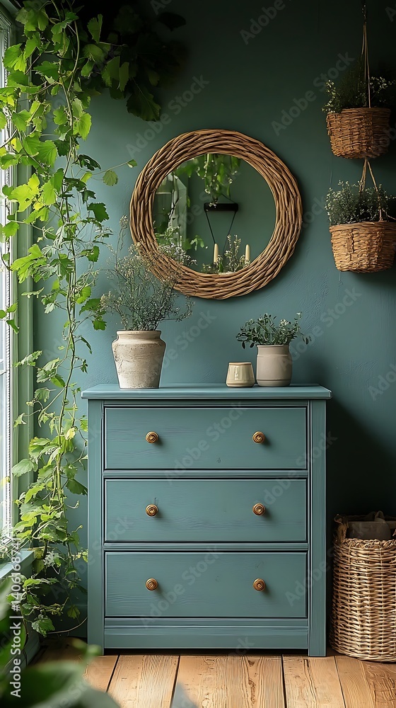 Charming Interior Scene Featuring Blue Dresser, Wicker Mirror, Greenery, and Baskets Against a Teal Wall for Home Decor Inspiration.