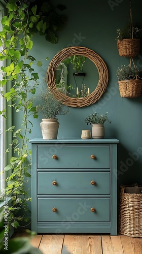 Charming Interior Scene Featuring Blue Dresser, Wicker Mirror, Greenery, and Baskets Against a Teal Wall for Home Decor Inspiration.