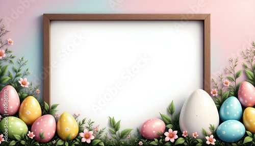 A delicate Easter frame on a light pink background, surrounded by spring flowers and pastel eggs.