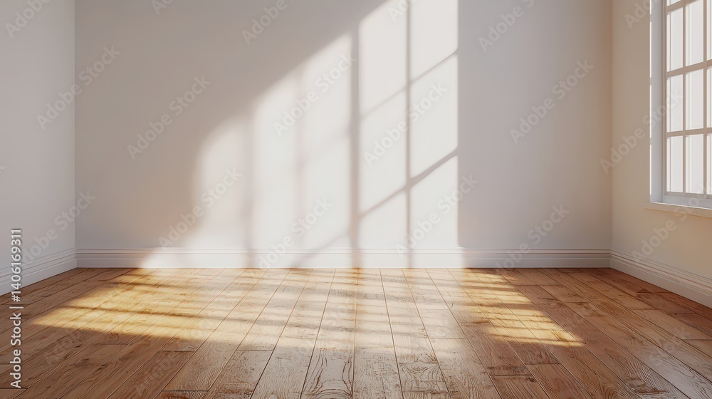 Bright sunlight streams through large windows, casting dynamic shadows across the wooden floor in a minimalist room adorned with white walls Bright sunlight streams through large windows, casting dynamic shadows across the wooden floor in a minimalist room adorned with white walls