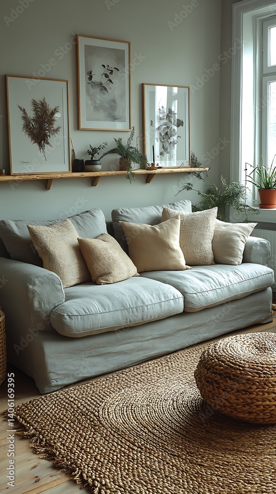 Comfortable Living Room with Gray Sofa, Natural Light, Decorative Plants, and Woven Rug for Relaxing Home Decor.