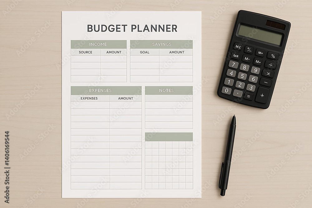 Minimalist Budget Planner with Income Expenses and Savings Sections in Green and White Design Featuring Pen and Calculator on Wooden Textured Background for Financial Management Minimalist Budget Planner with Income Expenses and Savings Sections in Green and White Design Featuring Pen and Calculator on Wooden Textured Background for Financial Management