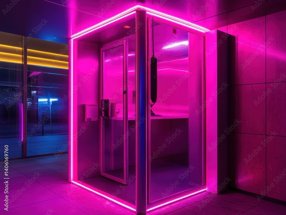 Office inside a phone booth with surreal communication and neon lighting below