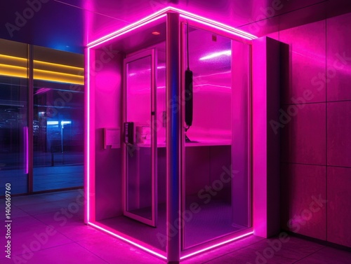Obraz na płótnie Office inside a phone booth with surreal communication and neon lighting below w salonie