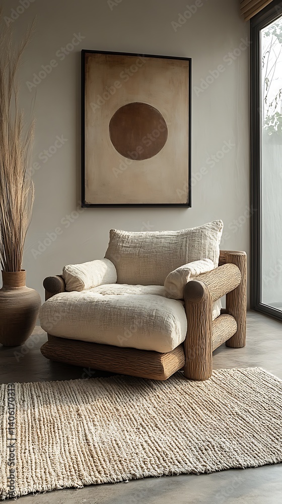 Cozy armchair with wooden frame and neutral-toned cushions in a minimalist interior space with a contemporary artwork and natural textures.
