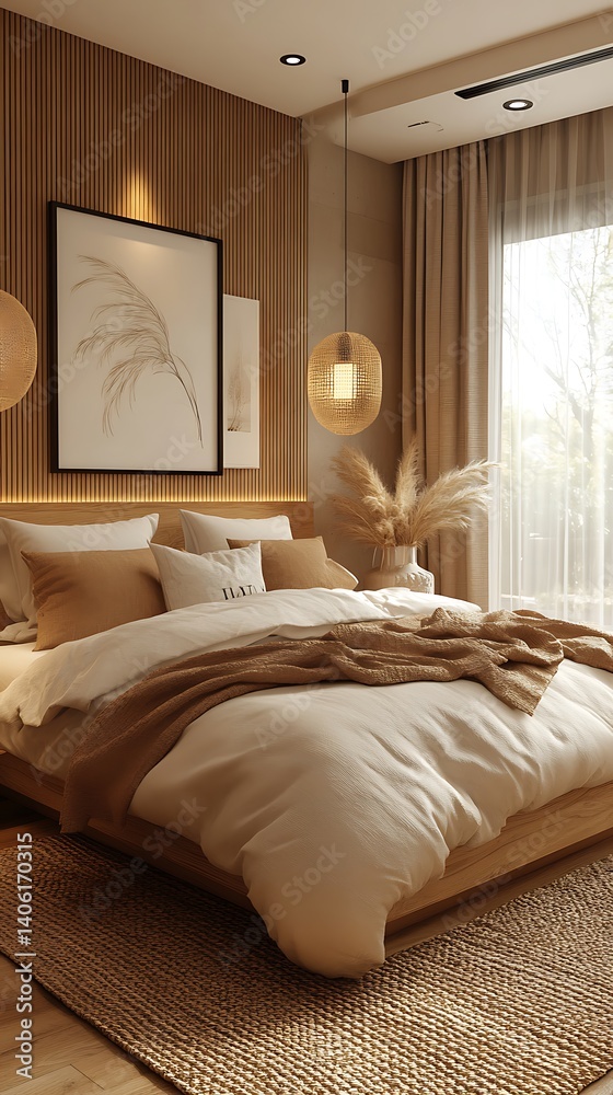 Cozy Bedroom Interior Featuring Natural Wood Elements, Warm Tones, Comfortable Bedding, and Decorative Accents for Relaxing Home Design.