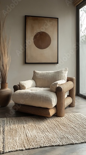 Obraz na płótnie Cozy armchair with wooden frame and neutral-toned cushions in a minimalist interior space with a contemporary artwork and natural textures. w salonie