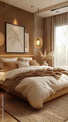 Obraz na płótnie Cozy Bedroom Interior Featuring Natural Wood Elements, Warm Tones, Comfortable Bedding, and Decorative Accents for Relaxing Home Design. w salonie